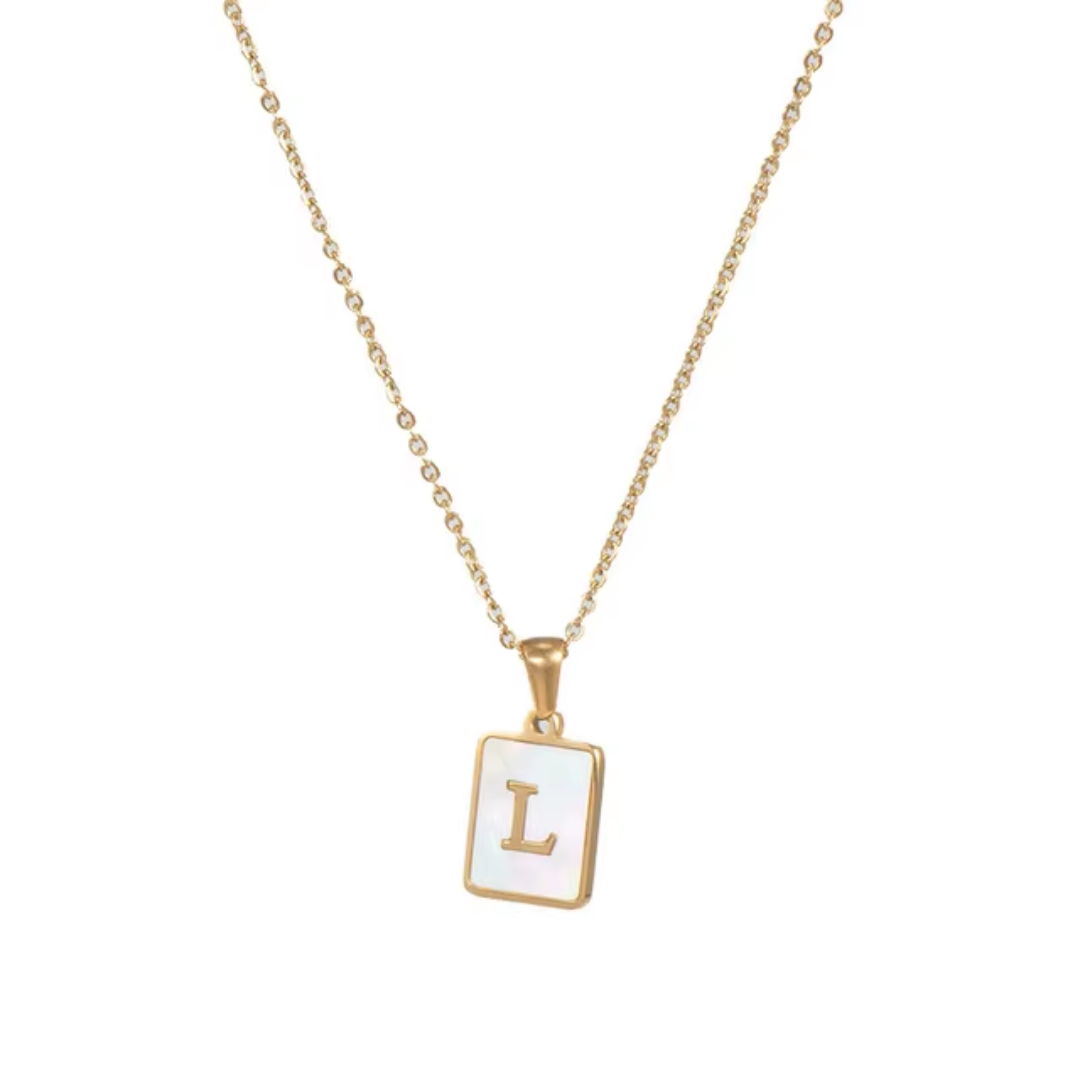 SS Rectangle Natural Shell Initial Necklace