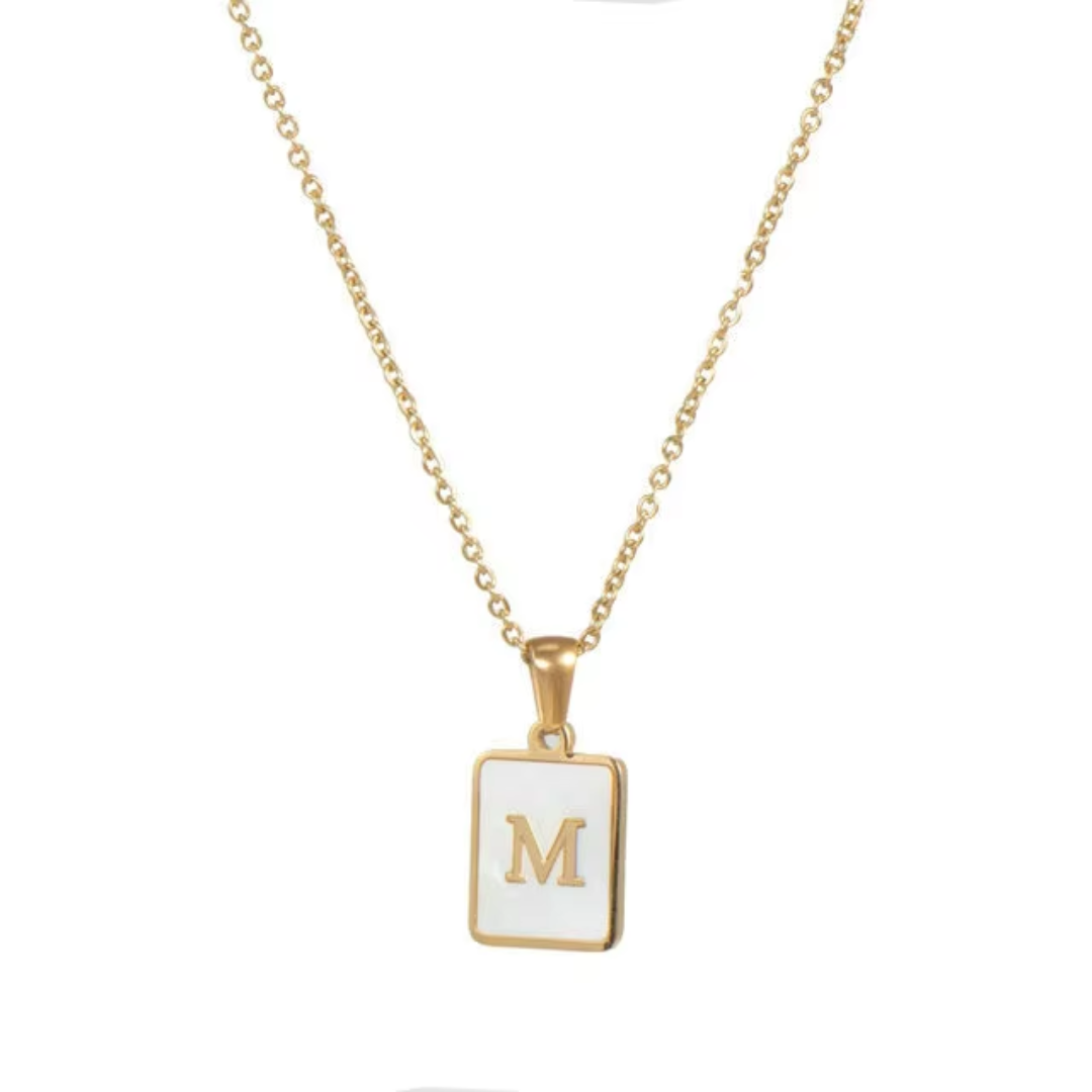 SS Rectangle Natural Shell Initial Necklace