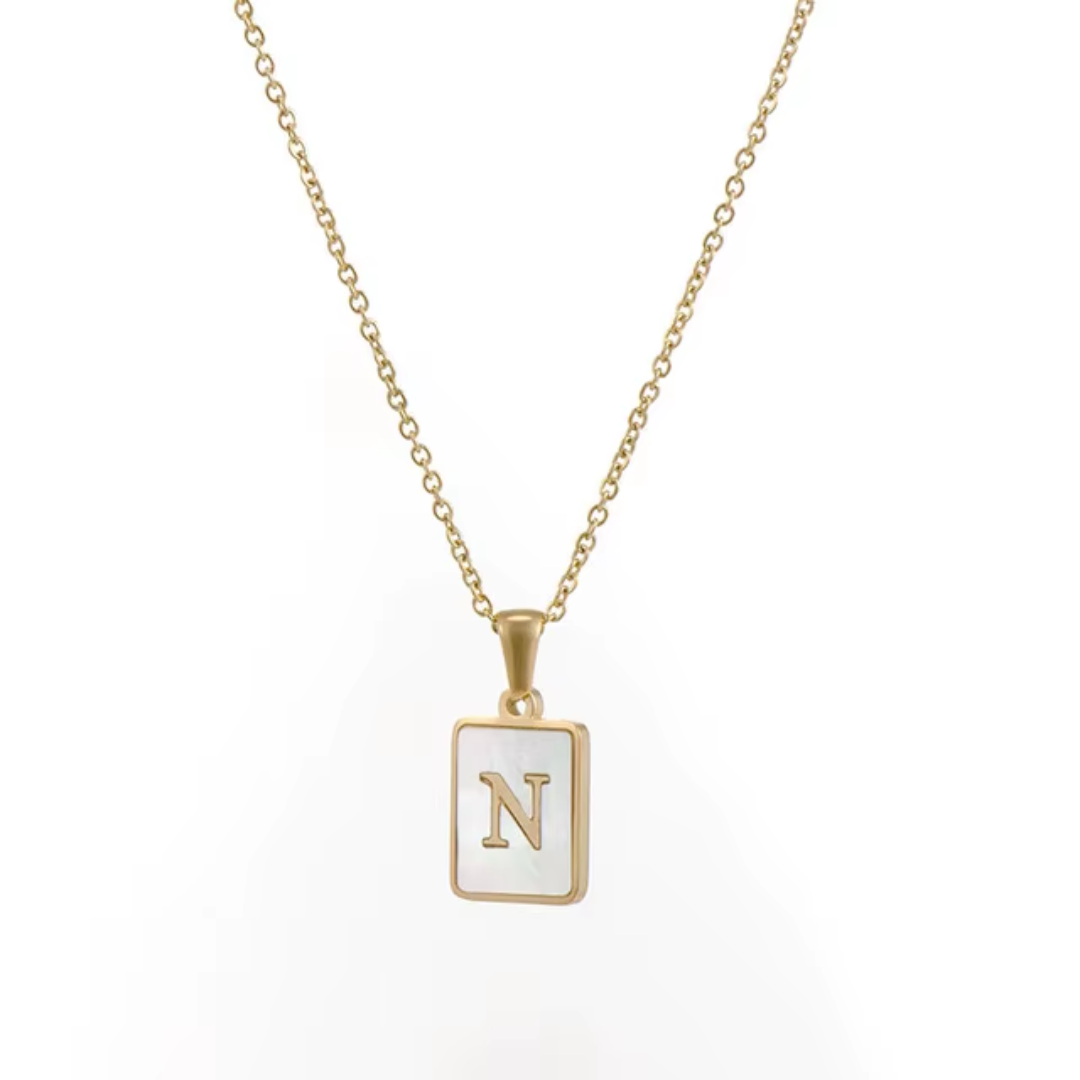 SS Rectangle Natural Shell Initial Necklace