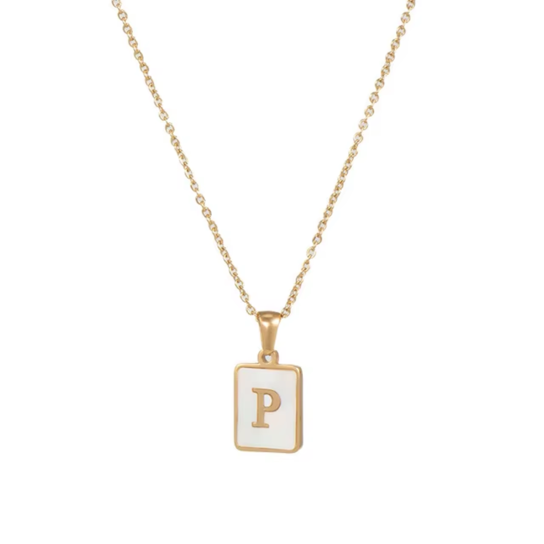 SS Rectangle Natural Shell Initial Necklace