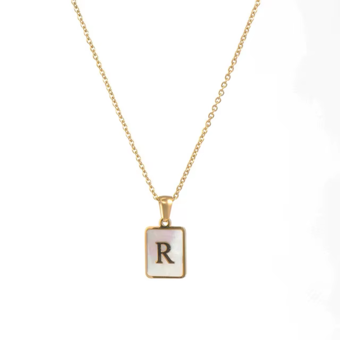 SS Rectangle Natural Shell Initial Necklace