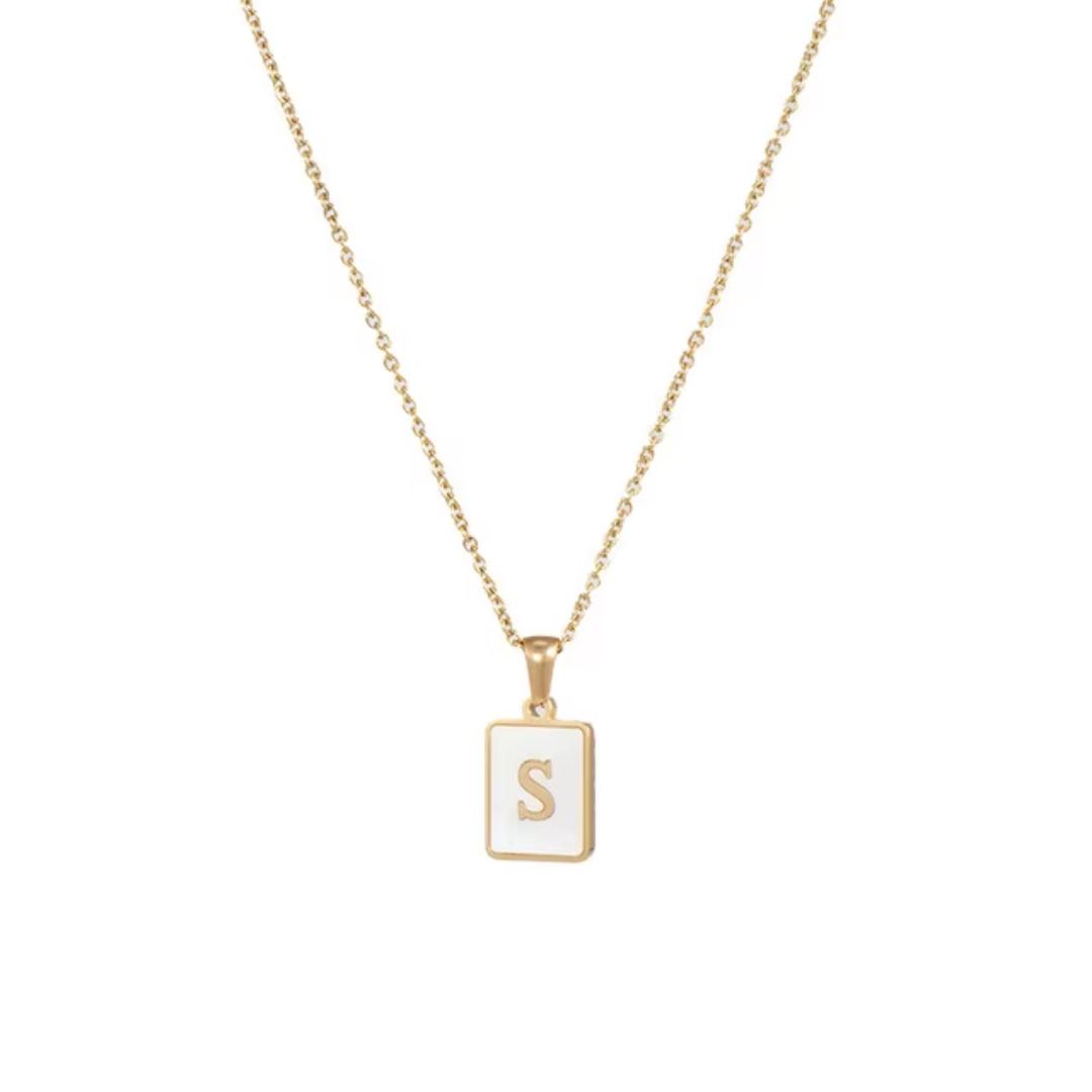 SS Rectangle Natural Shell Initial Necklace