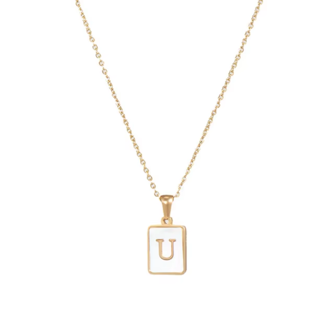 SS Rectangle Natural Shell Initial Necklace