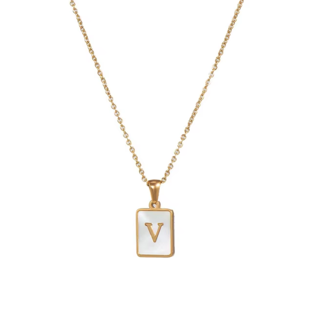 SS Rectangle Natural Shell Initial Necklace