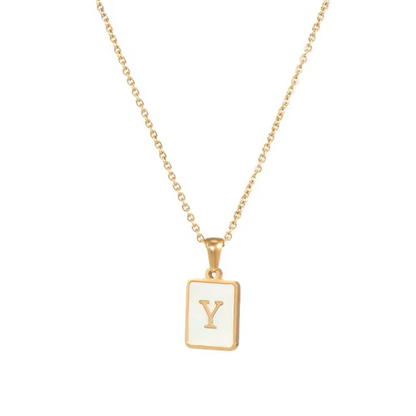 SS Rectangle Natural Shell Initial Necklace