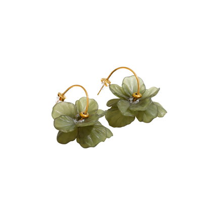 Green Flower Resin Hoop Stud Earrings