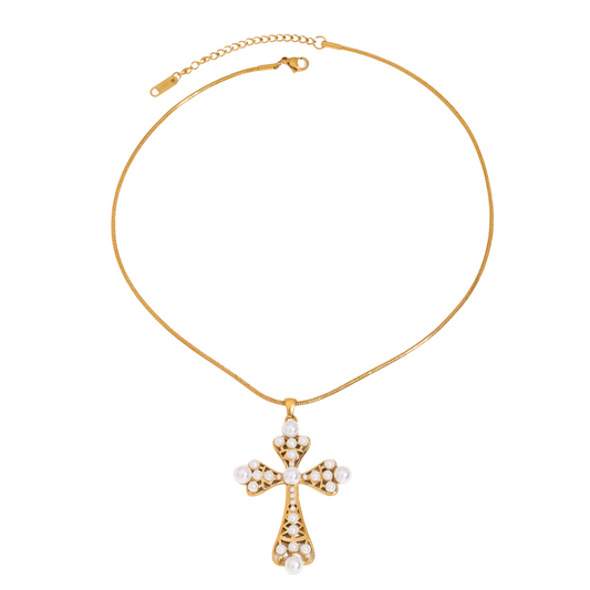 Chunky Pearls Cross Pendant Necklace