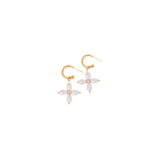 Pearls & Zirconia Cross Pendant Hoop Earrings