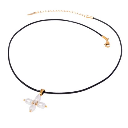 Zirconia & Pearls Cross Pendant Black Thread Necklace