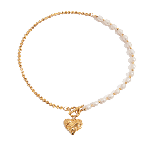 Textured Heart Pendant Pearls & Chain Necklace