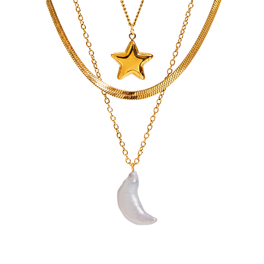 Star & Pearl Moon Layered Necklace