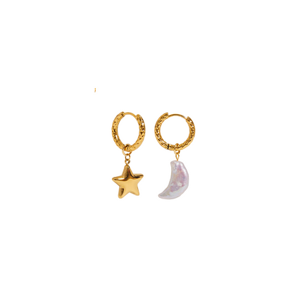 Star & Pearl Moon Hoop Earrings