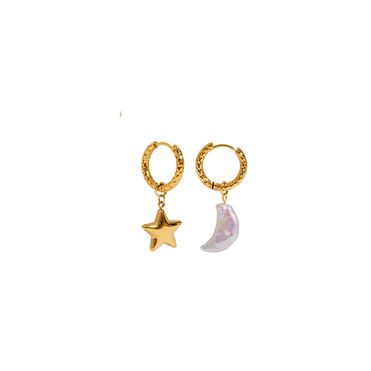 Star & Pearl Moon Hoop Earrings