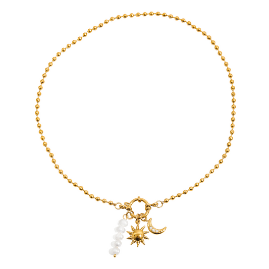 Moon, Pearl & Sun Charms Necklace