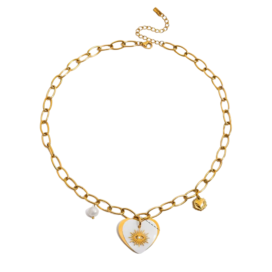 Mother Pearl Heart & Eye Charms Necklace