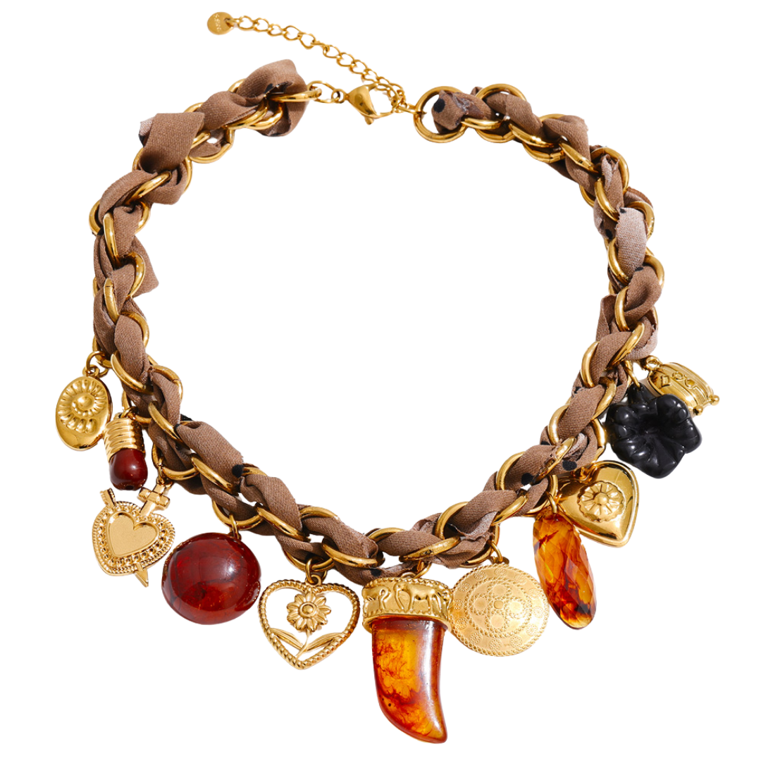 Chunky Resin Charms Fabric & Chain Necklace