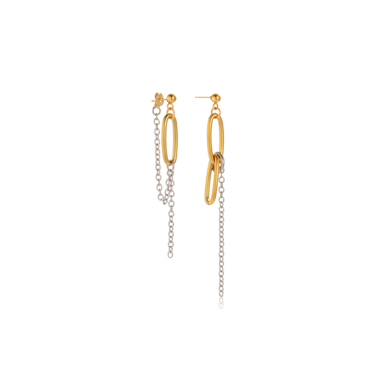 Two Tone Oval Chains Tassel Stud Earrings