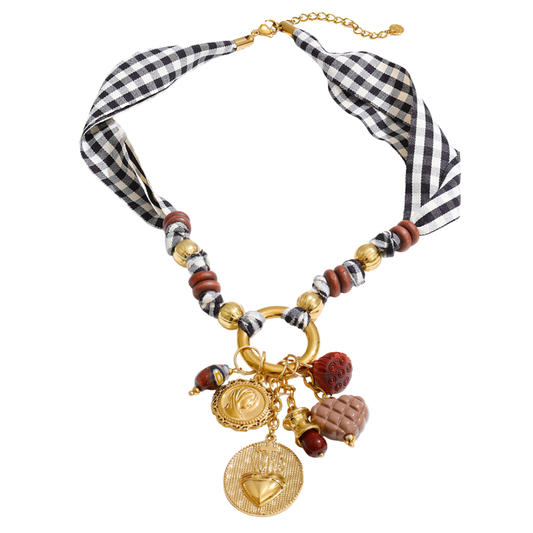Sacred Heart Charms Fabric Gingham Necklace