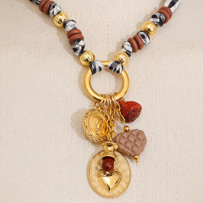 Sacred Heart Charms Fabric Gingham Necklace