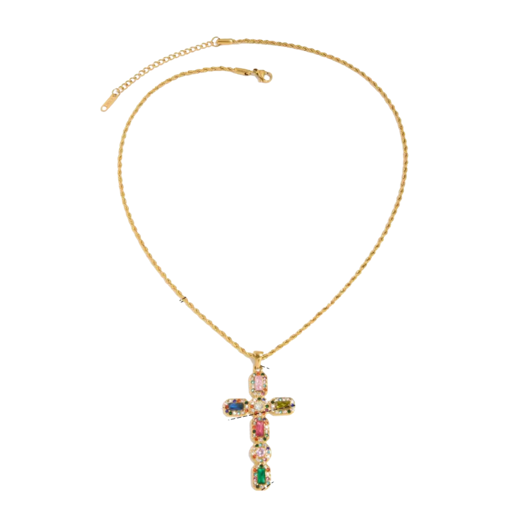 Colorful Zirconias Cross Pendant Necklace