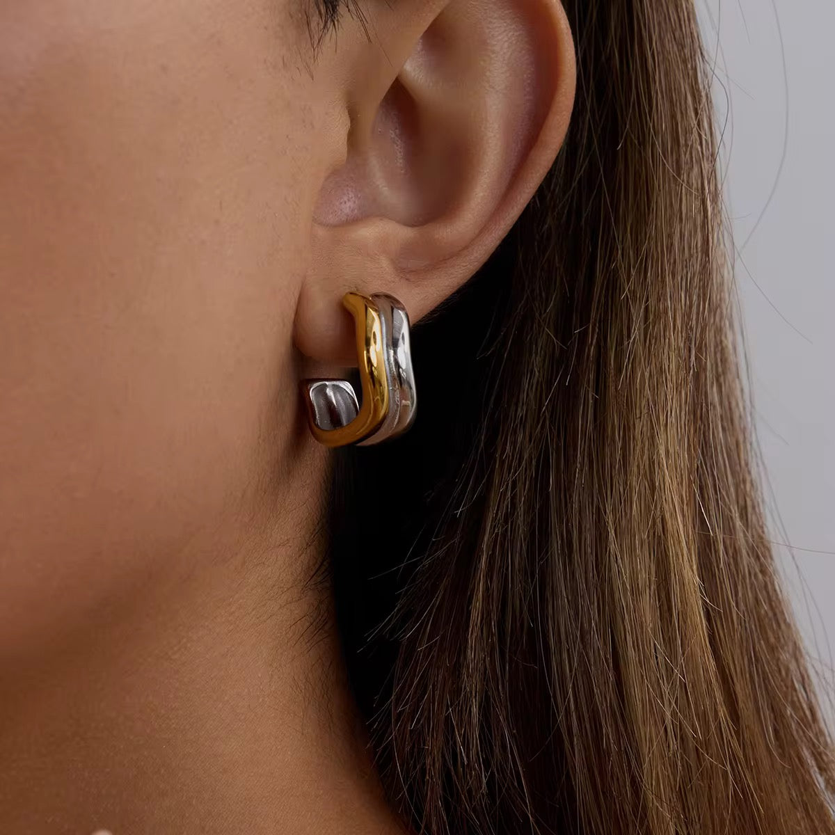 Two Tone Wavy Hoop Stud Earrings