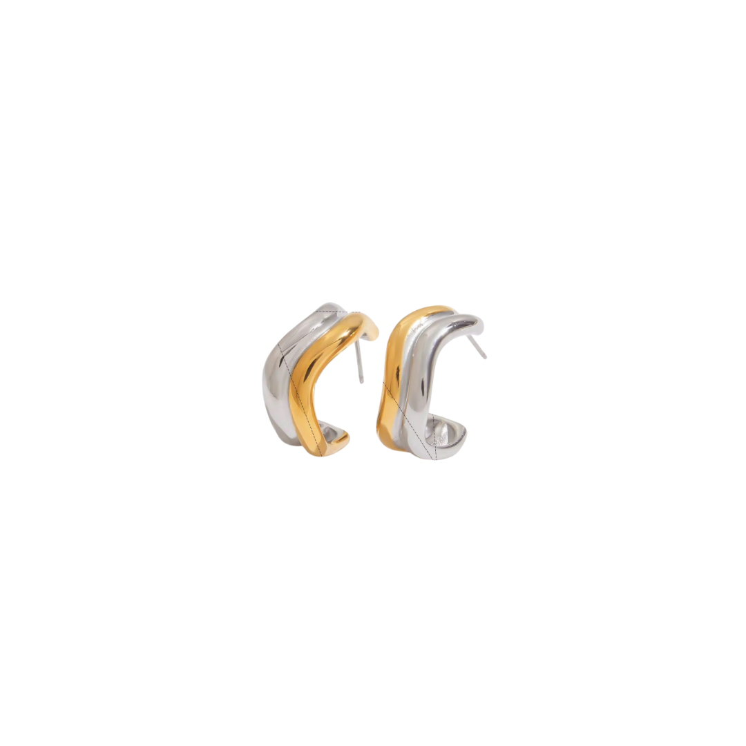 Two Tone Wavy Hoop Stud Earrings