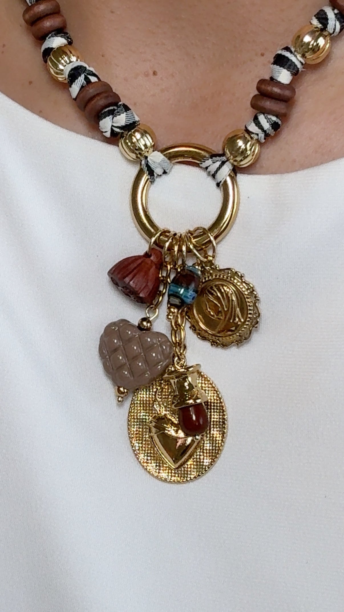 Sacred Heart Charms Fabric Gingham Necklace