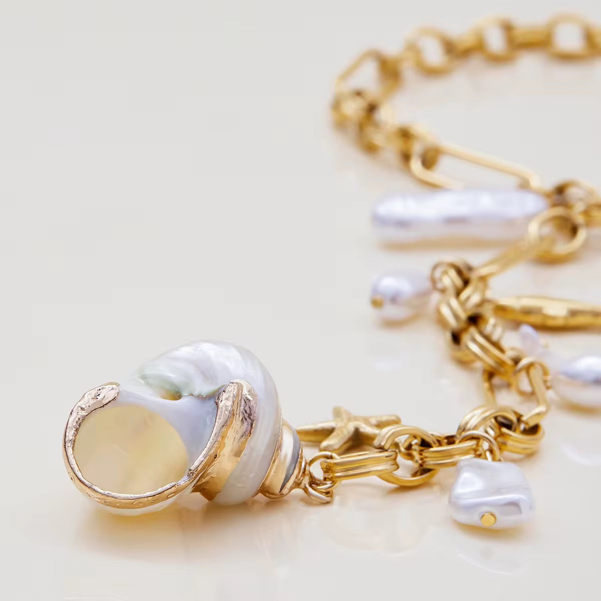 Acrylic Pearls, Fish & Starfish Lariat Chain Necklace