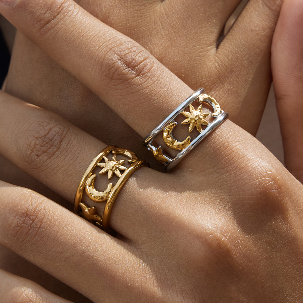 Two Tone Moon & Sun Ring