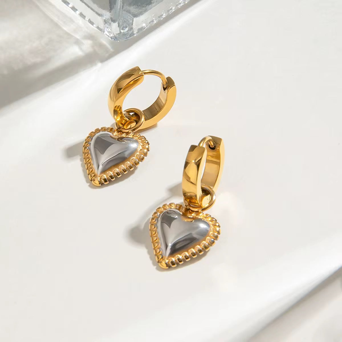 Two Tone Heart Huggie Earrings