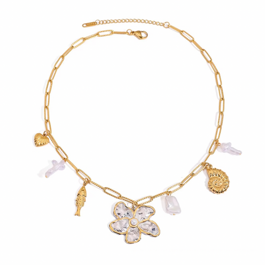 Two Tone Flower Pendant Charms Chain Necklace