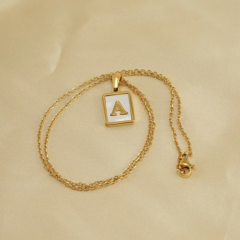 SS Rectangle Natural Shell Initial Necklace
