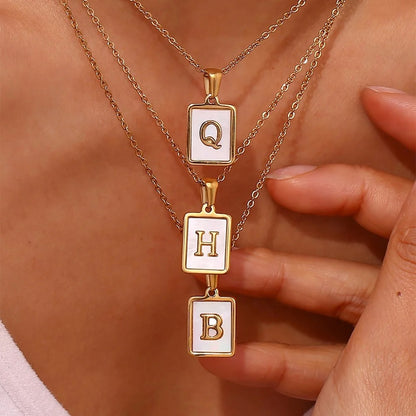 SS Rectangle Natural Shell Initial Necklace