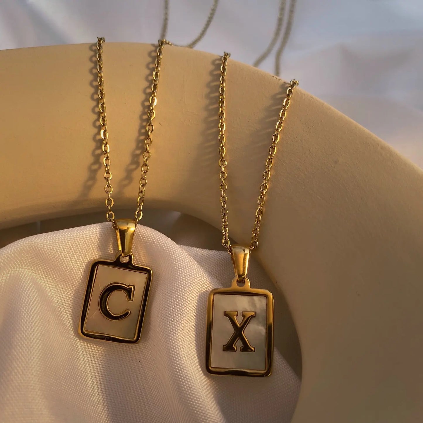 SS Rectangle Natural Shell Initial Necklace