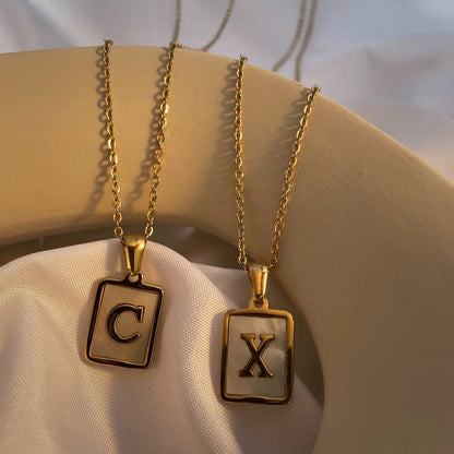 SS Rectangle Natural Shell Initial Necklace