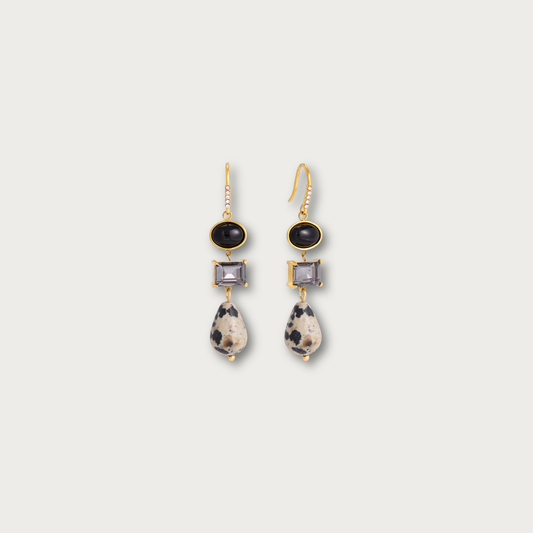 Black Stones & Terrazzo Style Hook Long Earrings