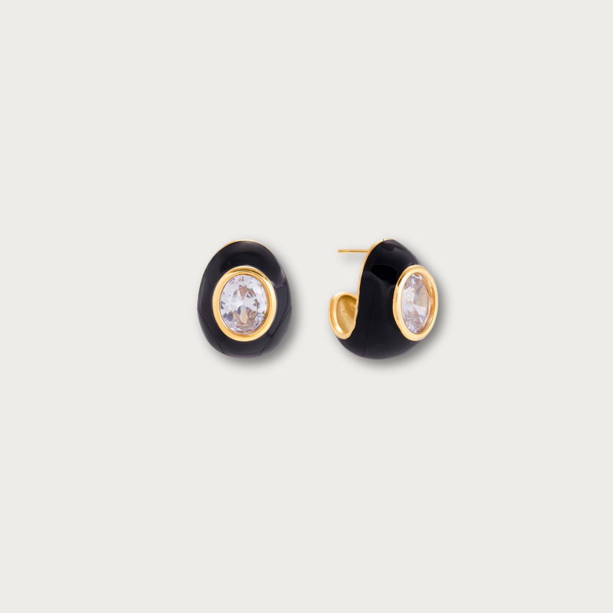 Black Enamel Oval Zirconia Chunky Stud Earrings