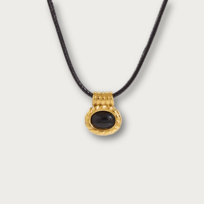 Oval Black Stone Pendant Black Cord Necklace