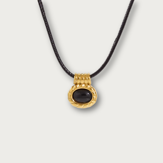 Oval Black Stone Pendant Black Cord Necklace