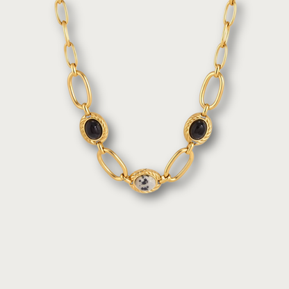 Black Stones & Terrazzo Style Oval Chain Necklace