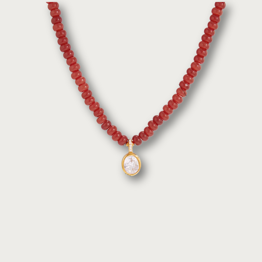 Zirconia Oval Pendant Red Bead Chain Necklace