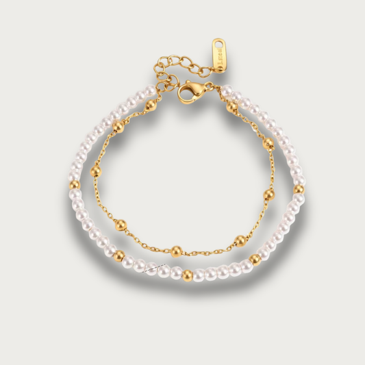Pearls Double Chain Gold Bracelet