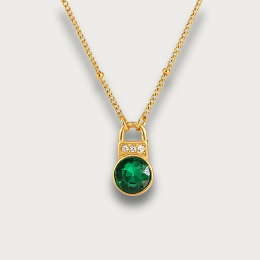 Green Zirconia Lock Pendant Necklace