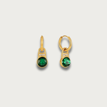 Green Zirconia Lock Pendant Hoop Earrings
