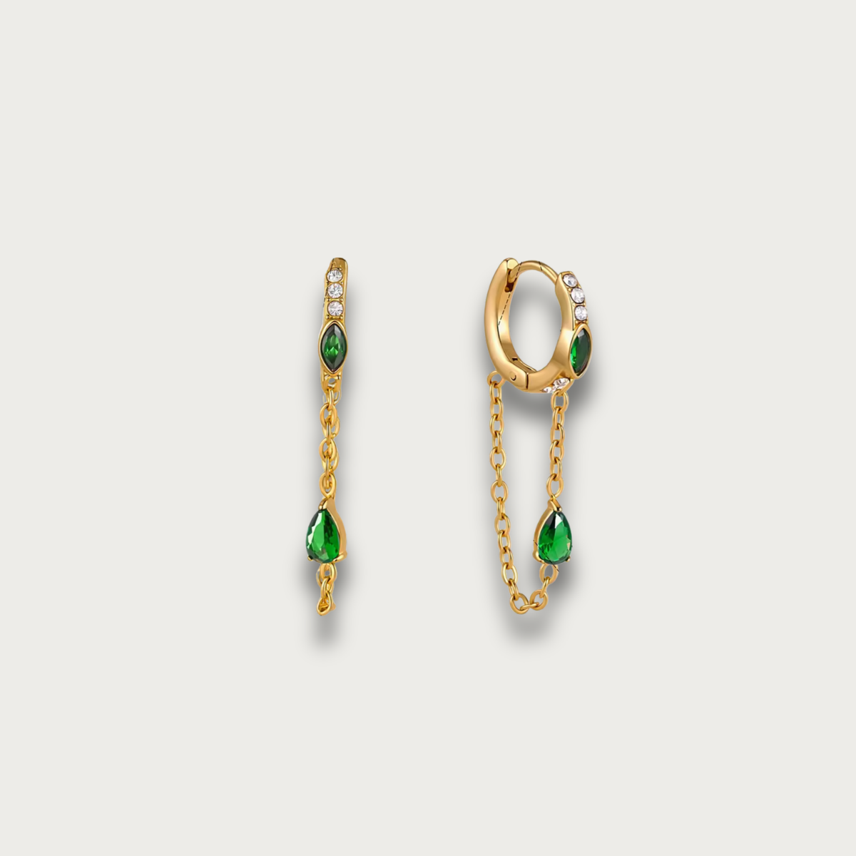 Green Drop Zirconias Chain Hoop Earrings