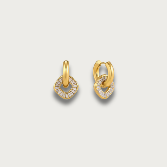 Gold Zirconias Square Pendant Small Hoop Earrings