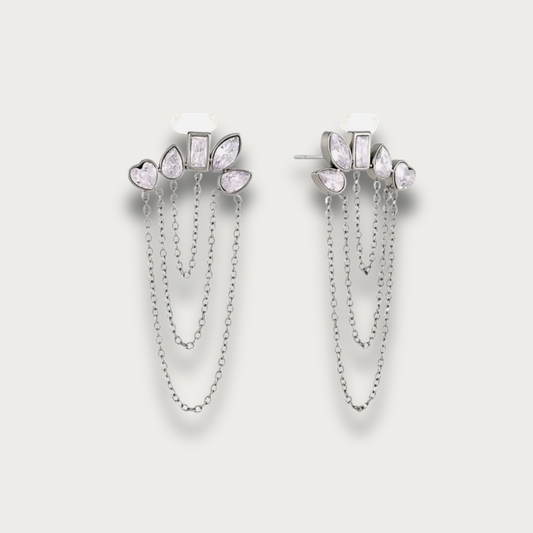 Silver Zirconia Shapes Chain Stud Earrings