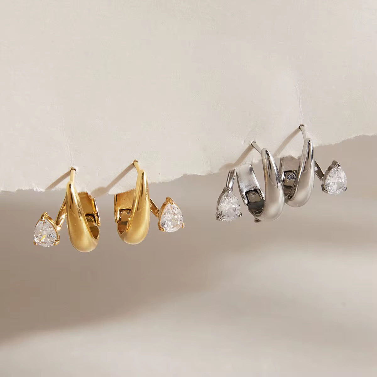 Silver Drop Zirconia Double Layer Hoop Earrings
