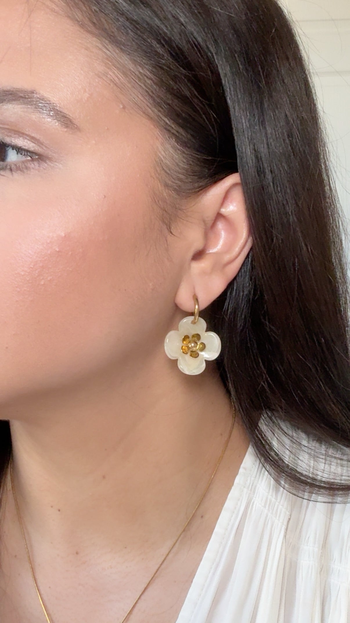 Cream Flower Resin Pendant Huggie Earrings