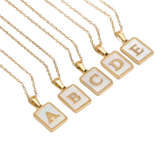 SS Rectangle Natural Shell Initial Necklace
